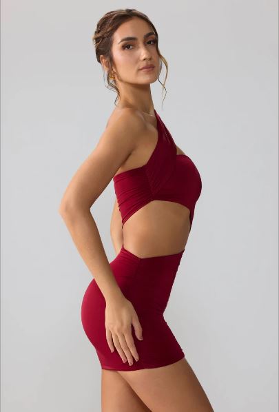 Lavaya Slinky Jersey Ruched Cut Out Mini Dress in red