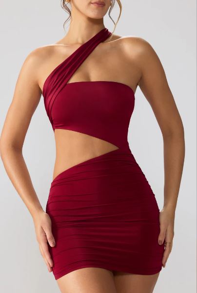 Lavaya Slinky Jersey Ruched Cut Out Mini Dress in red