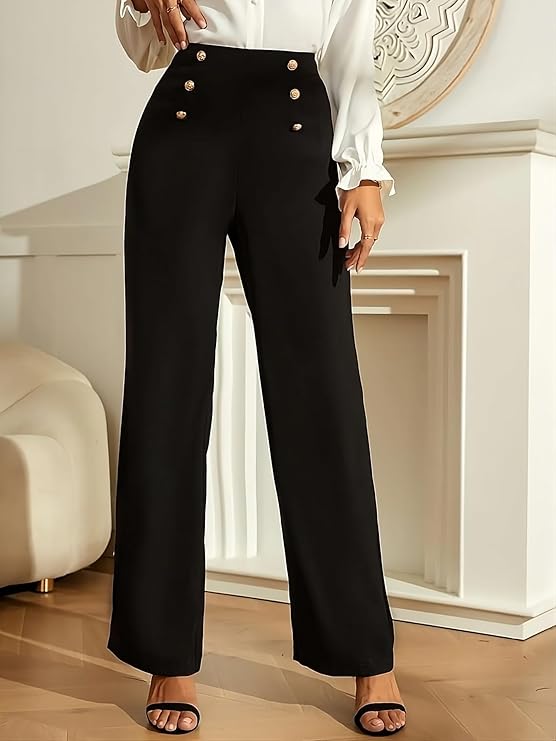 Lavaya Women Casual Solid Bootcut Button Trousers