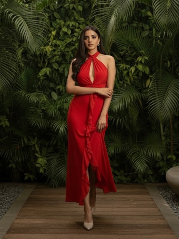 Lavaya Halterneck Ruffle-Trim Gown Dresses