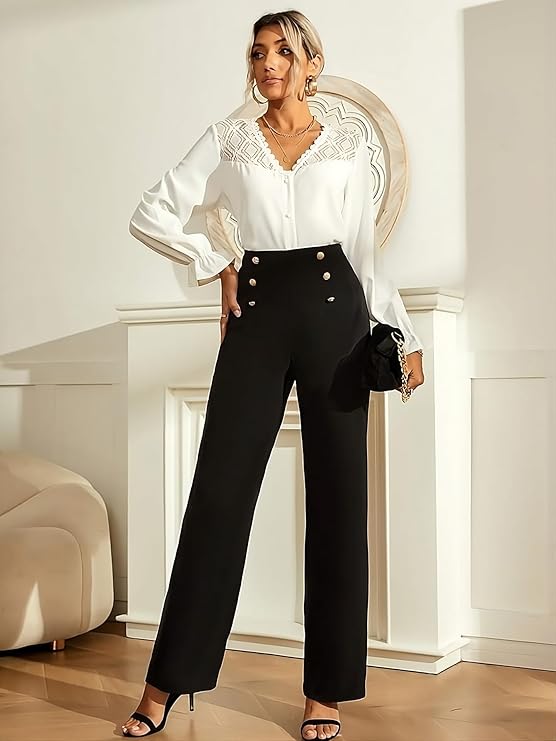 Lavaya Women Casual Solid Bootcut Button Trousers