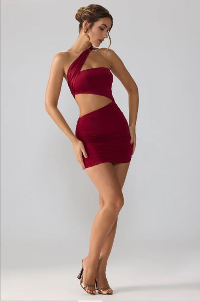 Lavaya Slinky Jersey Ruched Cut Out Mini Dress in red