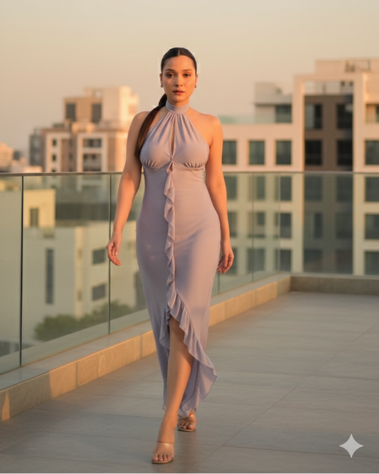 Lavaya Halterneck Ruffle-Trim Gown in Grey